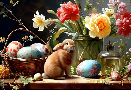 Easter illustration with Easter eggs and Easter bunnies.