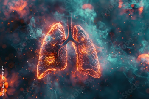 Disease Treatment. digital rendering of human lungs with visible virus and smoke, highlighting respiratory health and disease, world no tobacco day , surgery, laboratory, medical technology concept © Pravit