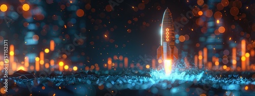 Blockchain. golden rocket, composed of digital candles and cryptocurrency coins, soars through vast expanse of cyberspace, cryptocurrency, stock market, business investment, money, technology concept photo