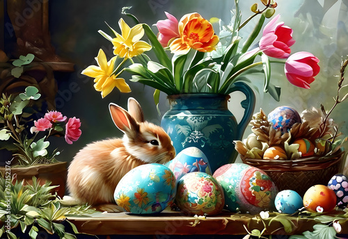 Easter illustration with Easter eggs and Easter bunnies.