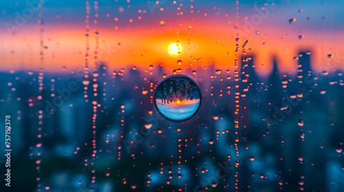 A close-up of a water droplet on a window pane refracts the world outside, distorting and amplifying the urban landscape into an abstract, ethereal mosaic photo