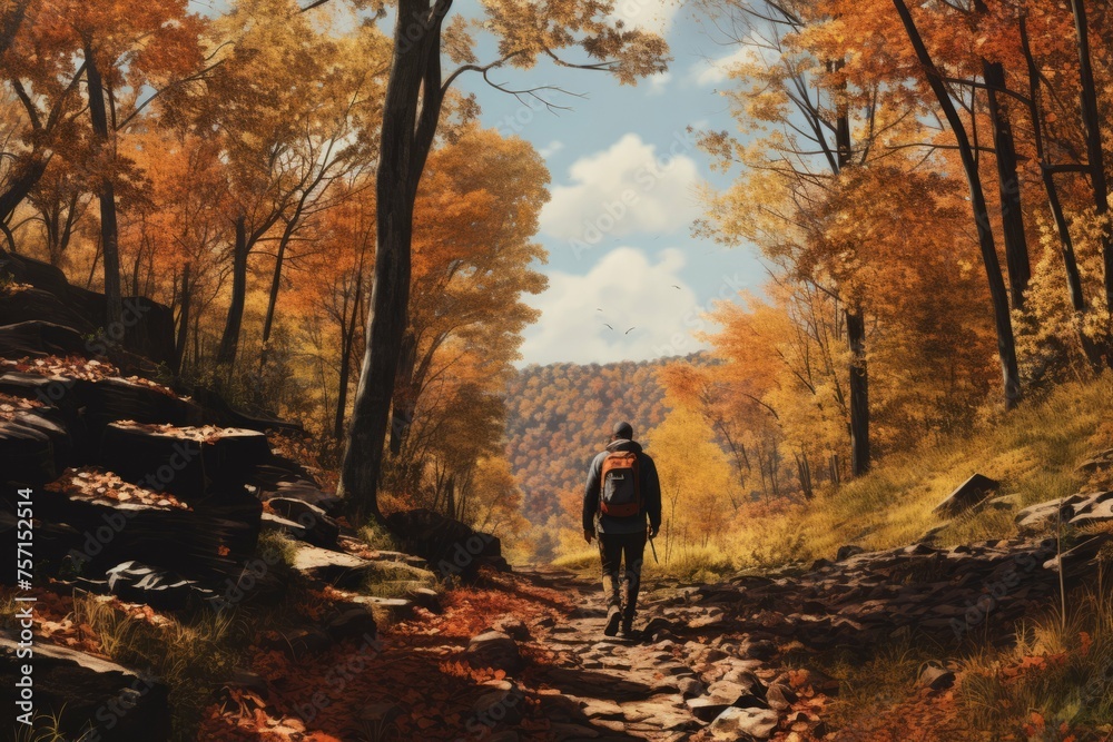 Hiker on a trail in autumn