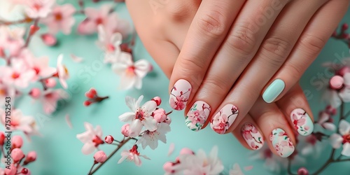 Elegant female hands with floral nail design against spring flower backdrop. Concept Spring Flowers, Floral Nail Design, Female Hands, Elegant, Outdoor Photoshoot