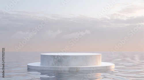 White grey podium in a water. Product display made out of stone. Mockup cosmetic stage presentation, sky  background. Space for text. photo