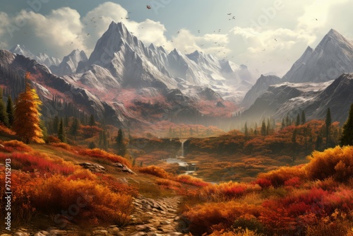 Mountain range with autumn trees in foreground.