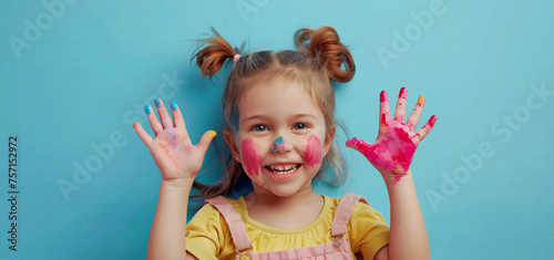 Happy little girl with paint on her hands smiling at the camera over a blue background