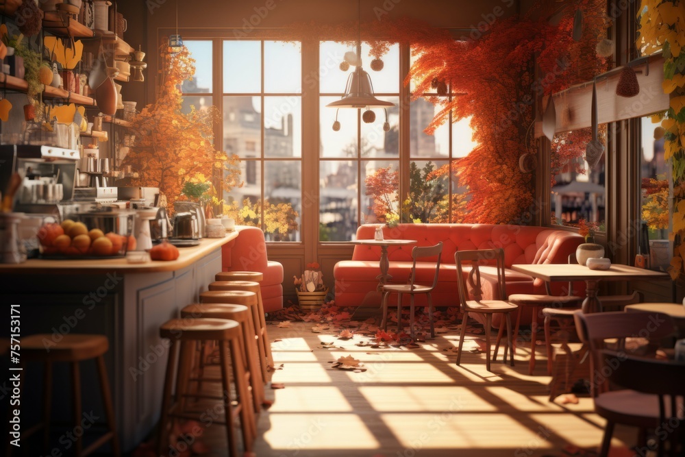 Cozy coffee shop on autumn day