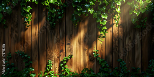 Wooden fence with ivy border  A wooden wall made of lining with bright light green leaves along the contour. mockup for design   
