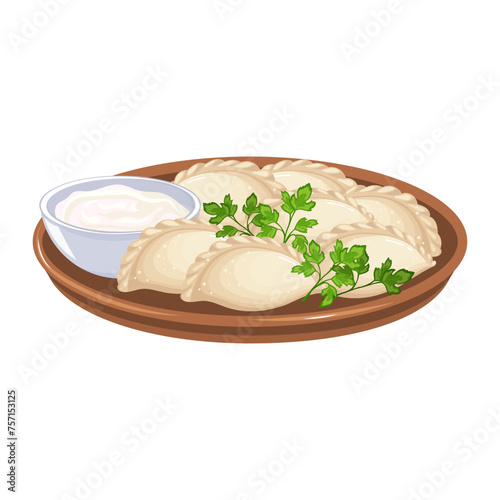 Vareniki. Pelmeni. Meat dumplings. Food, national cuisine of Ukraine and Russia. Dough and meat products. Vector