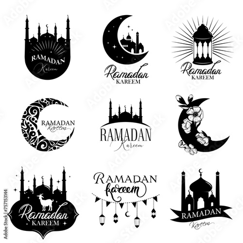 Ramadan Kareem Vector Stickers set. Simple Graphic silhouettes of Crescent Moon, Fanoos, Mosque Dome, and Arches on a colorful sticker. Islamic background is good for advertising or posters.