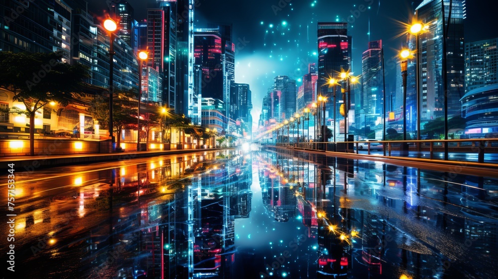 Futuristic cityscape with neon colors. evoking a sense of technology and progress