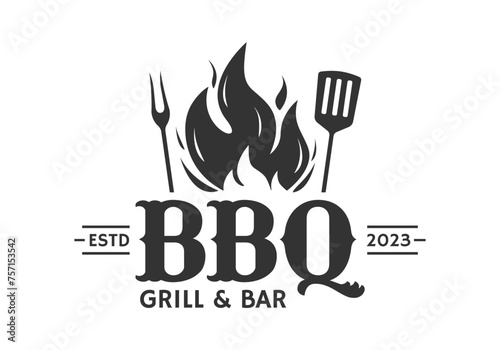 BBQ logo. Barbecue, grill icon with fire flame. Meat restaurant label. Vector illustration.
