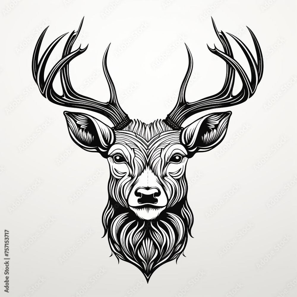 Hand-drawn Christmas deer head vector, simple, black and white сreated with Generative Ai