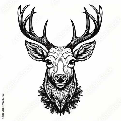 Hand-drawn Christmas deer head vector  simple  black and white   reated with Generative Ai