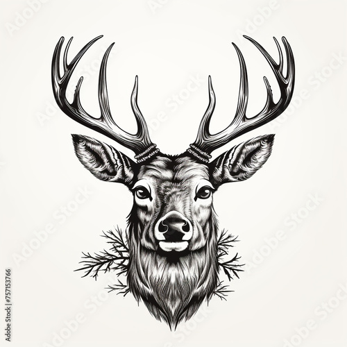 Hand-drawn Christmas deer head vector  simple  black and white   reated with Generative Ai