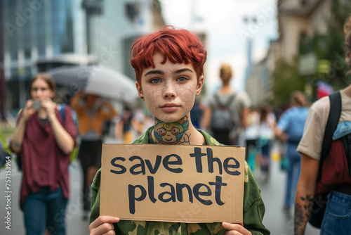 Environmental protection demonstration, female eco activist holding a placard Save the Planet. © meteoritka