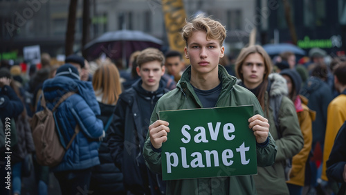 Eco activist students standing on environmental protection demonstration. Teenager holding sign Save Planet.