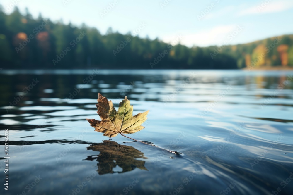 Autumn leaf floating on lake