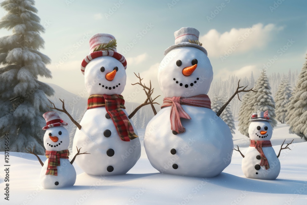 Snowman family with different sizes and personalities, standing in a snowy field. Snowman family with different sizes and personalities, standing in a snowy field.