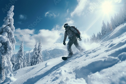 Person snowboarding down a snowy mountain with trees and blue sky.
