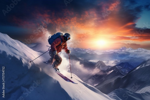 Skier on mountain with sunset