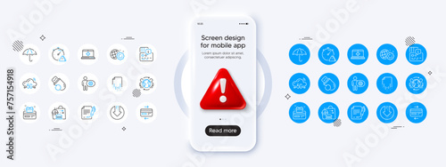 Loyalty card, Global business and Credit card line icons. Phone mockup with 3d danger icon. Pack of Signing document, Download arrow, Recovery file icon. Vector