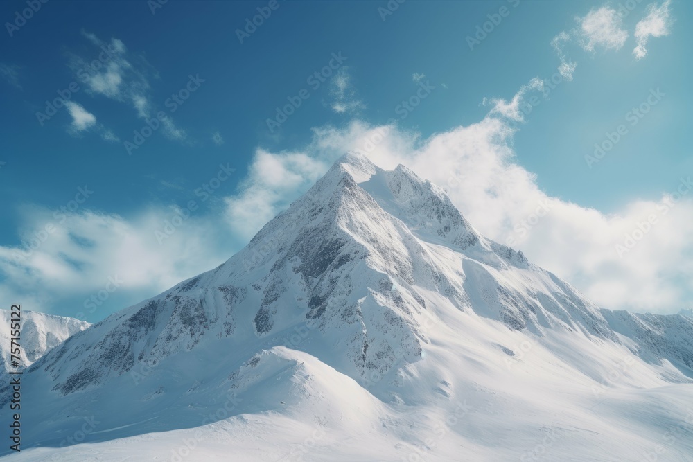 Snow-covered mountain peak with blue sky and clouds.
