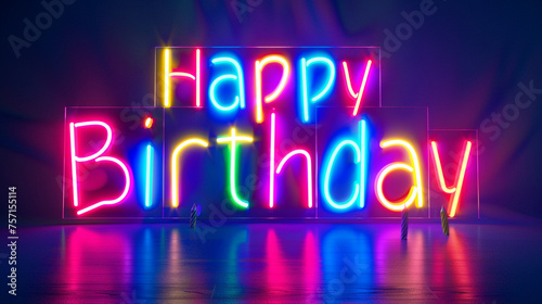Vibrant neon lights spell out "Happy Birthday" against a deep blue background, creating a mesmerizing glow.