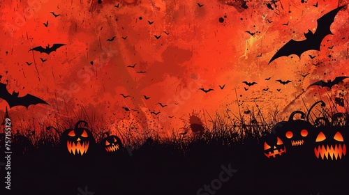 Pumpkins In Graveyard In The Spooky Night - Halloween Backdrop with scary bats flying