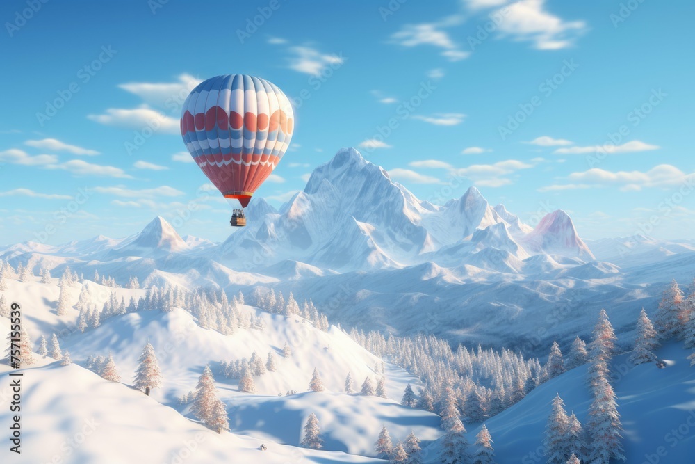 Winter hot air balloon ride over a snow-covered mountain range. Winter hot air balloon ride over a snow-covered mountain range.