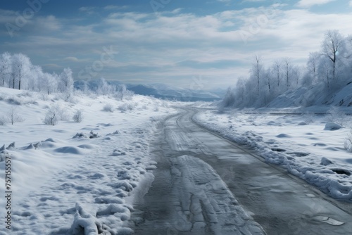 Winter road with tire tracks and snow-covered trees and hills. © Michael Böhm