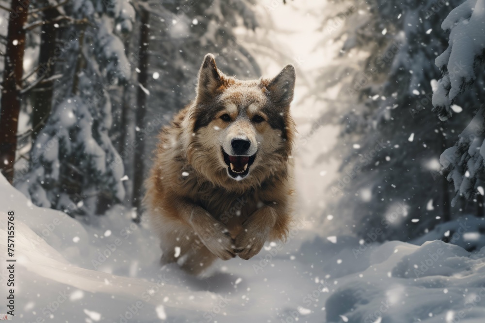 Dog running through a snowy forest Dog running through a snowy forest