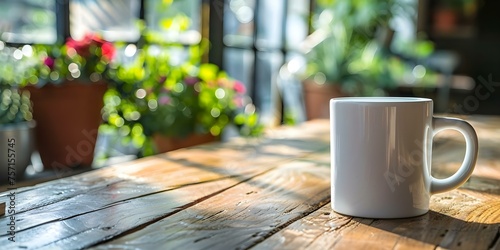 White coffee mug on wooden table with blurred plant background. Concept Coffee, Mug, Wooden Table, Plant, Background