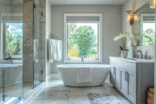 Modern bathroom with bathtub marble tiles