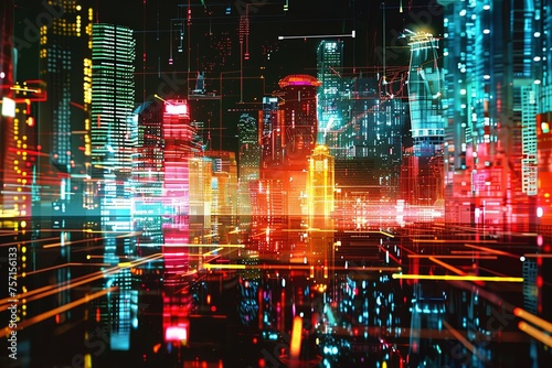 A futuristic city is lit up by neon lights, creating a striking and vibrant urban landscape. Generative AI