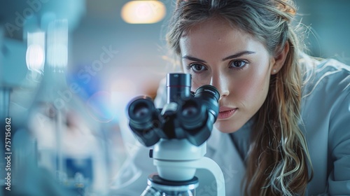 woman is looking through a microscope. She is wearing white lab coat and has long hair, research associate