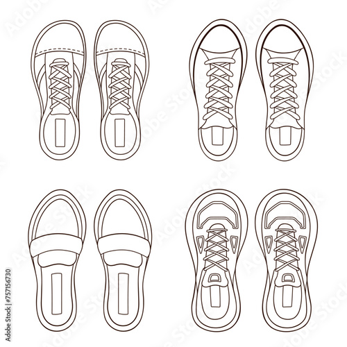 Female, women sneakers in line art style. Hand drawn casual footwear icon. Vector illustration isolated on a white background.