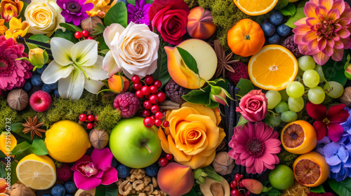 random selection of colorful flowers like roses  Jasmine  Orchid   lily some fruits like orange  lemon  peach  green apple  red berries  oak moss  vanilla pods  some spices like anise  cinnamon some n