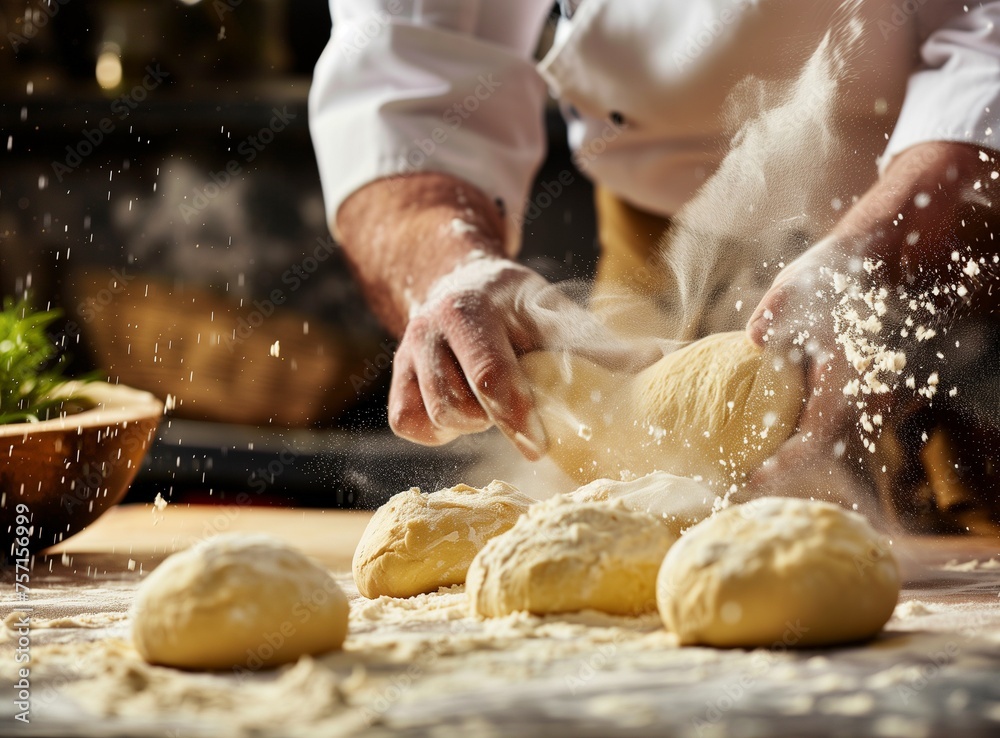 Clap hands of baker with flour. Beautiful and strong men's hands knead the dough make bread, pasta or pizza. Powdery flour flying into air.