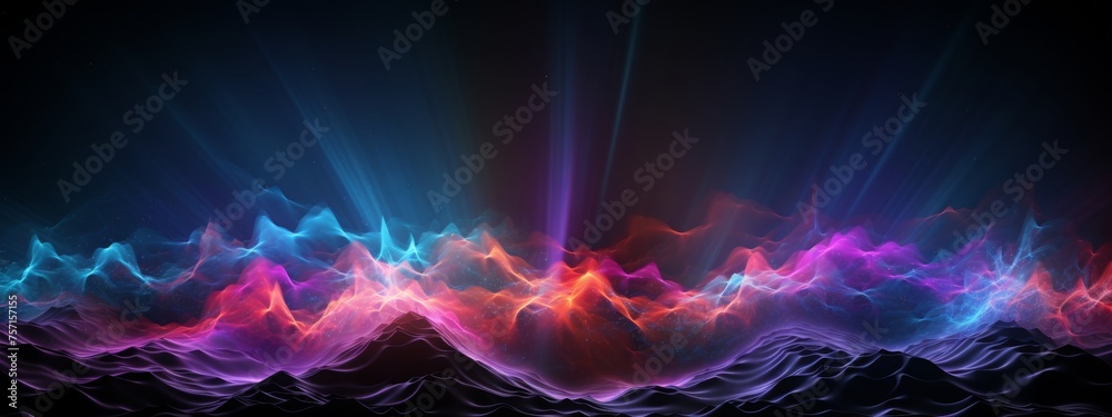 minimalist Synth wave red, blue, purple, sound waves against a black background radiating with bursts of energy from the waves