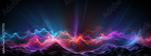 minimalist Synth wave red, blue, purple, sound waves against a black background radiating with bursts of energy from the waves photo