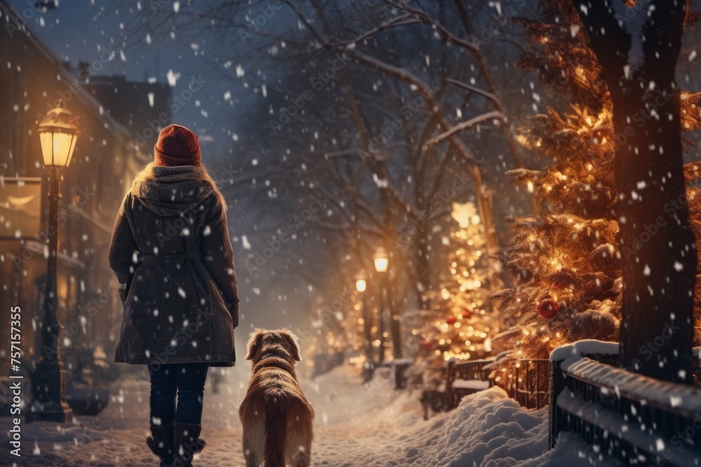 Woman walking dog through snowy park with Christmas market view Woman walking dog through snowy park with Christmas market view