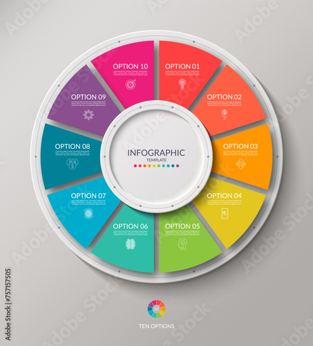 Vector infographic circle. Cycle diagram with 10 options. Round chart that can be used for report, business analytics, data visualization, presentation, brochure.