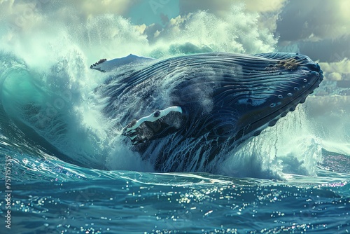 A colossal humpback whale breaching the surface of the ocean, jumping out of the water in a powerful display of strength and agility. Generative AI