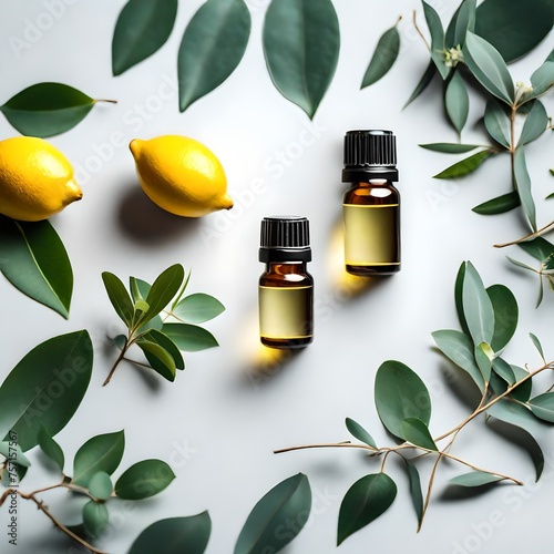 Essential oil with lemon and eucalyptus branches on a light background. Healthy lifestyle concept. © usman