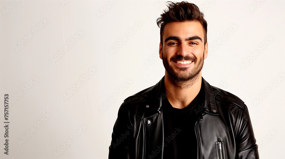 Naklejka premium Fashionable Elegant Man in a Black Leather Jacket Looking at the Camera
