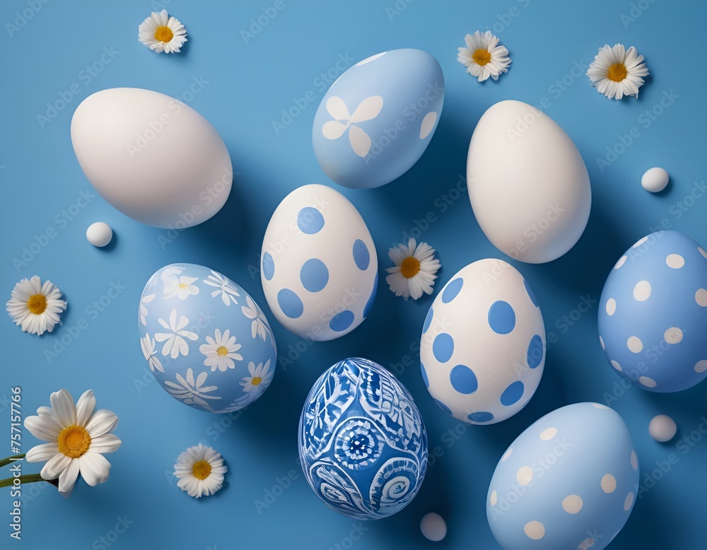 Blue Easter Eggs with Small Eggs on Blue Background | Happy Easter concept | Top view of white, brown and blue paint eggs | Easter eggs background 