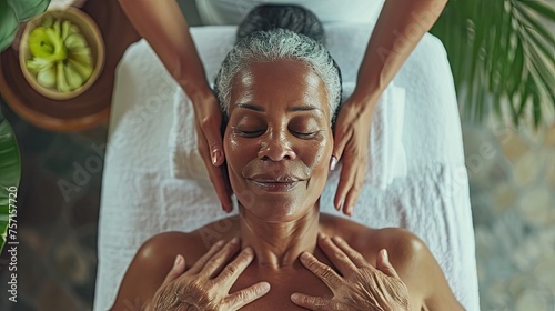 Close-up of a senior African American woman enjoying a relaxing shoulder massage in a serene spa setting