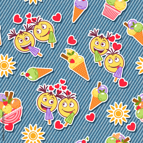 Funny seamless denim pattern with stickers with ice cream, crazy emoji love couple, sun icon, hearts. Detailed texture of blue jeans fabric on background. Summer design.