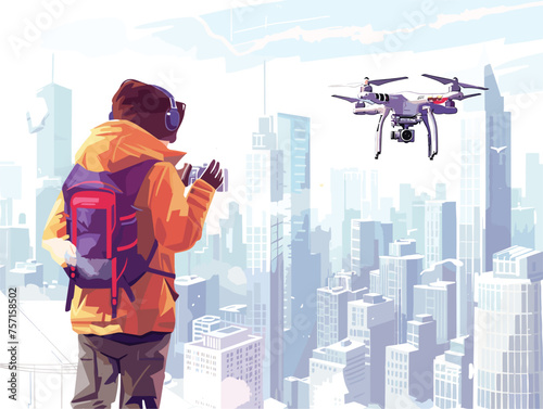  A drone photographer launches their drone capturing aerial shots of a sprawling city skyline. 
